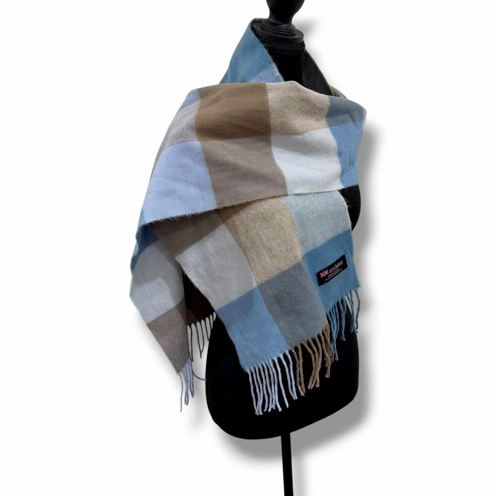 Unisex 100% Cashmere Fringe Blue Plaid Rectangle Scarf -Made in Scotland Classic